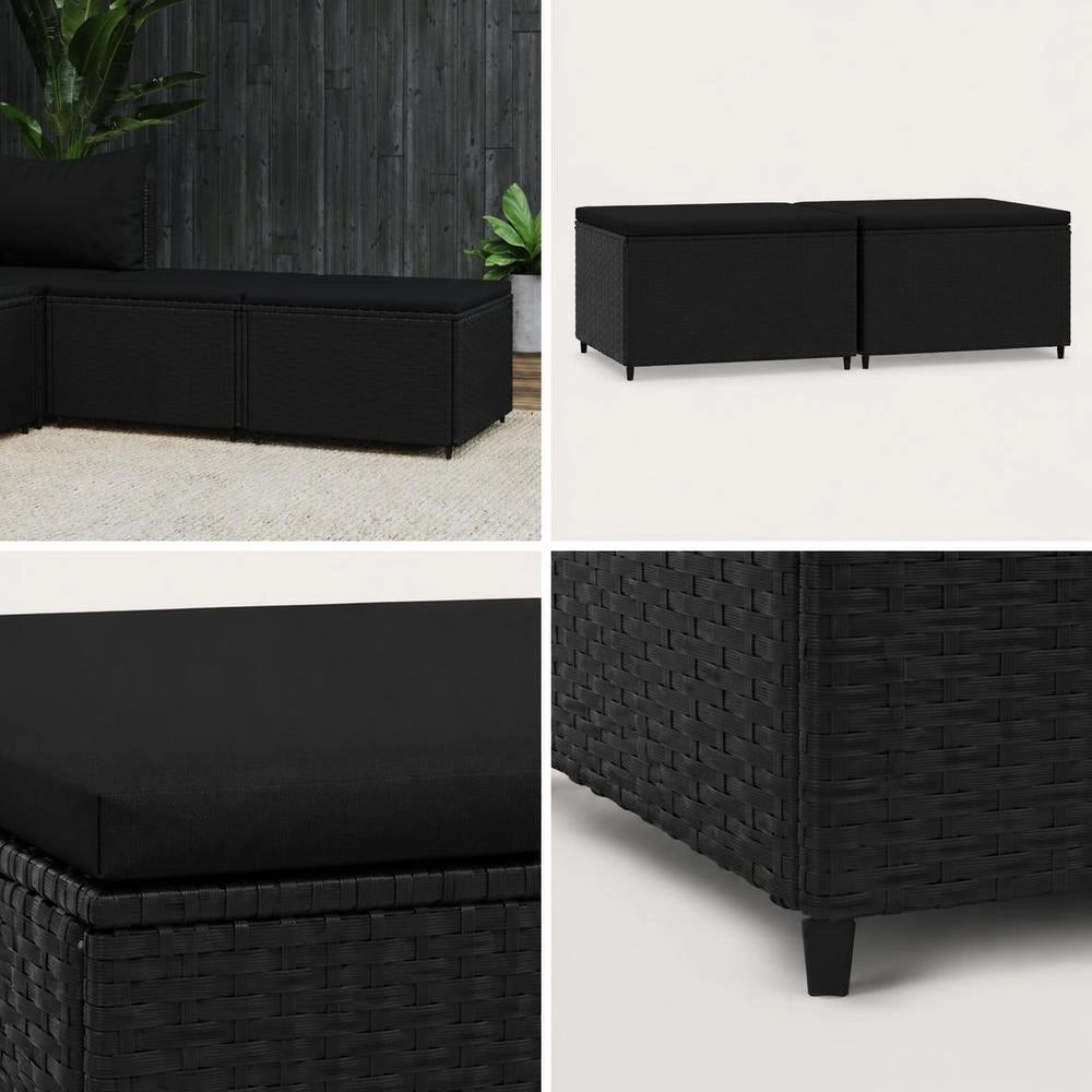 Garden Stools With Cushions, 2 Pieces, Black Poly Rattan