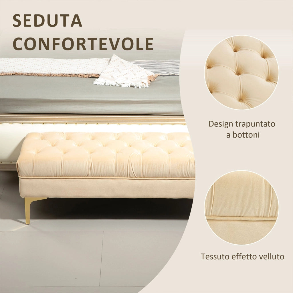 Panca Fondo Letto Imbottita con Rivestimento Trapuntato in Effetto Velluto 118x45x42 cm Beige