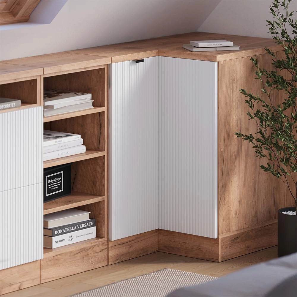Mobile sottotetto Mobile angolare Rion, Ondulazione bianca, 75.6 x 81.6 cm con 1 porta, carcassa dell’armadio profondità 60 cm, adatto per il salvaspazio sotto tetti spioventi