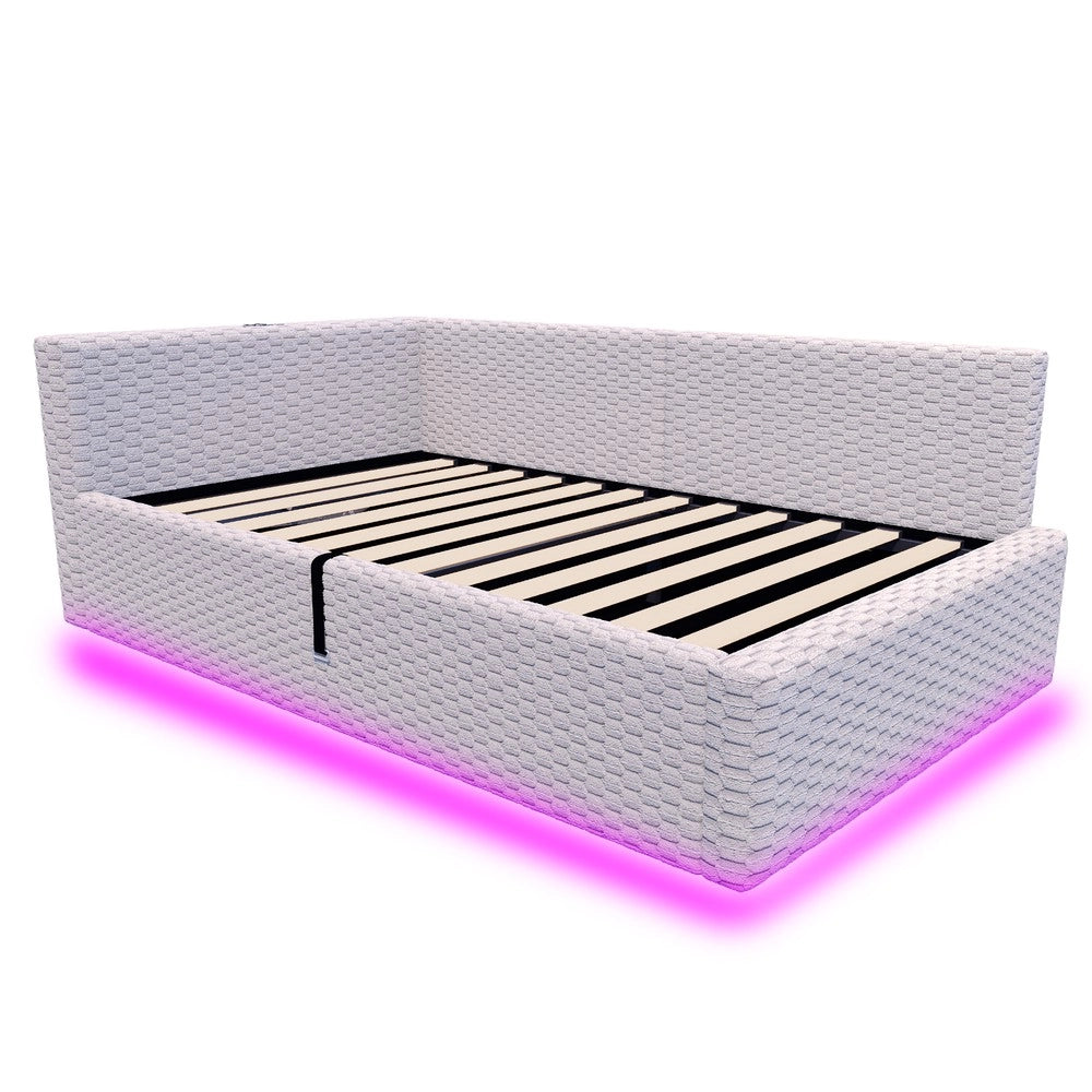 Letto imbottito con LED - Zephmum- 90x200 cm- Grigio- Schienale morbido a L, due porte USB