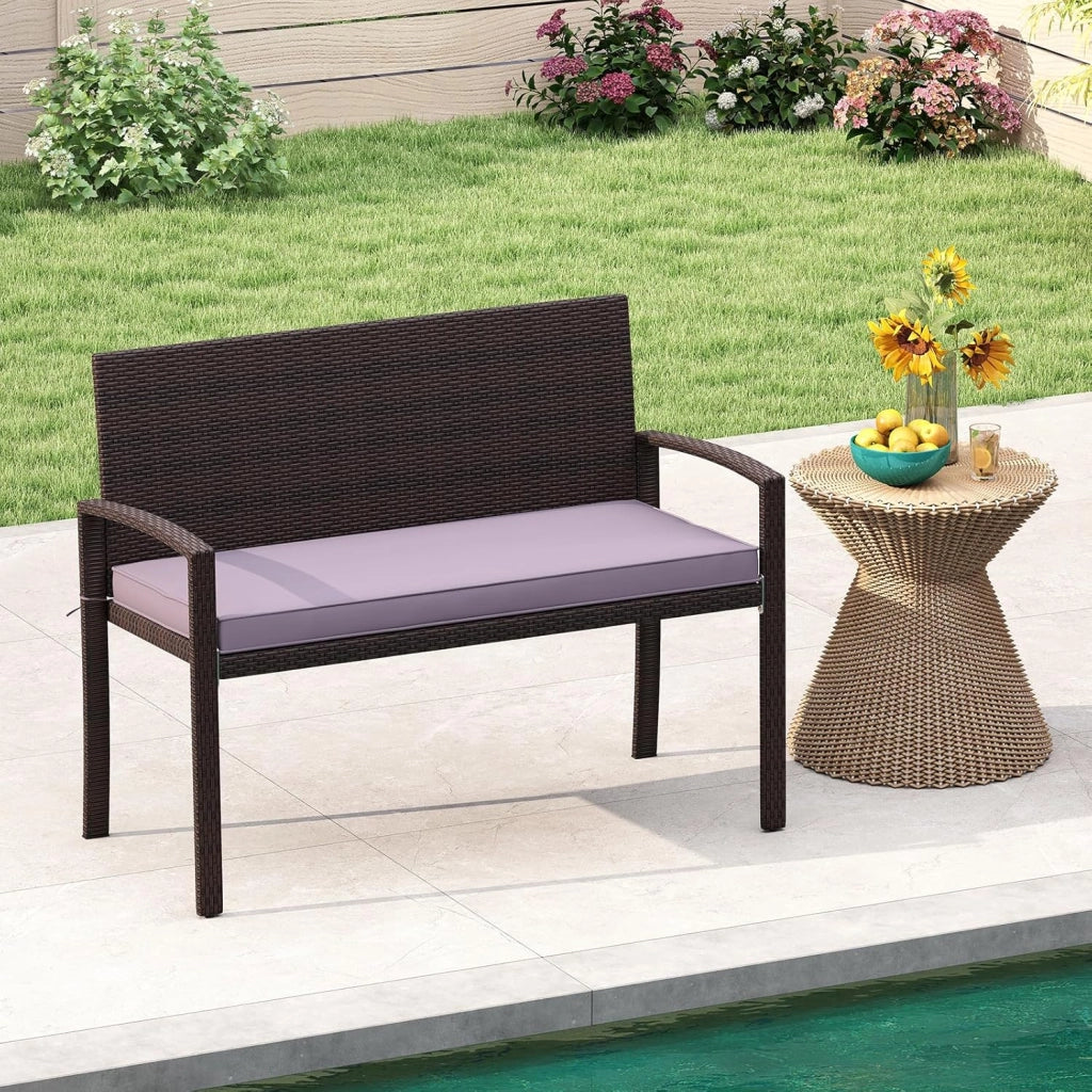 GIANTEX Panca da Giardino 2 Persone in Rattan, Panca da Esterno con Cuscino di Seduta Rimovibile, Struttura in Metallo, Carico 360 kg, Schienale e Braccioli, per Veranda, Giardino, Balcone, Terrazza