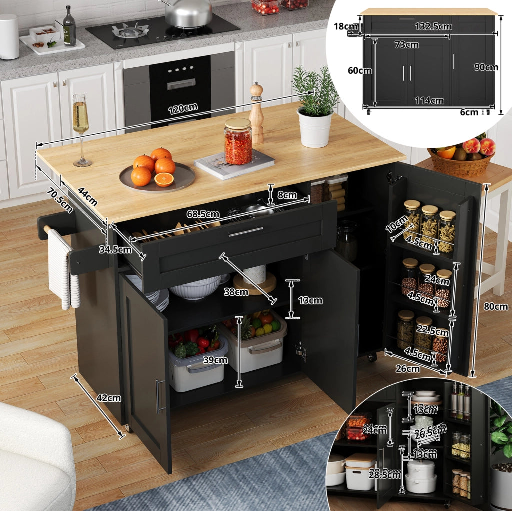 Carrello da cucina 132.5x44(70)x90 cm con piano di lavoro pieghevole; MDF; nero e naturale
