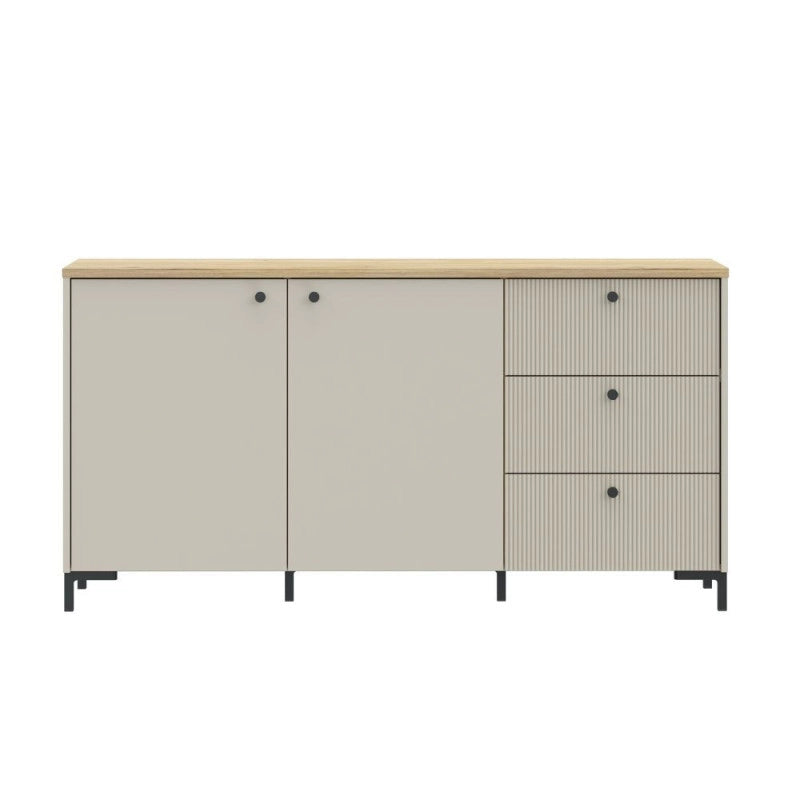 Madia Unit 2 ante e 3 cassetti cannettato L 152.80 x P 41.9 x H 79 cm. colore cashmere con top rovere