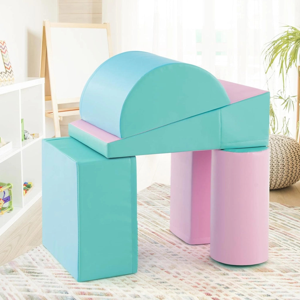 Set di 5 Blocchi con Diverse Forme e Colori, Giocattolo per Arrampicata e Strisciamento, Aiuta i Bambini a Crescere (Verde e rosa chiaro)