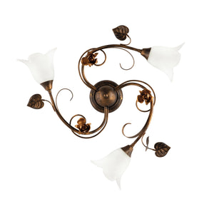 Plafoniera Classica Arte Povera 3 Luci Ferro Battuto Marrone E Oro Serie Cestino