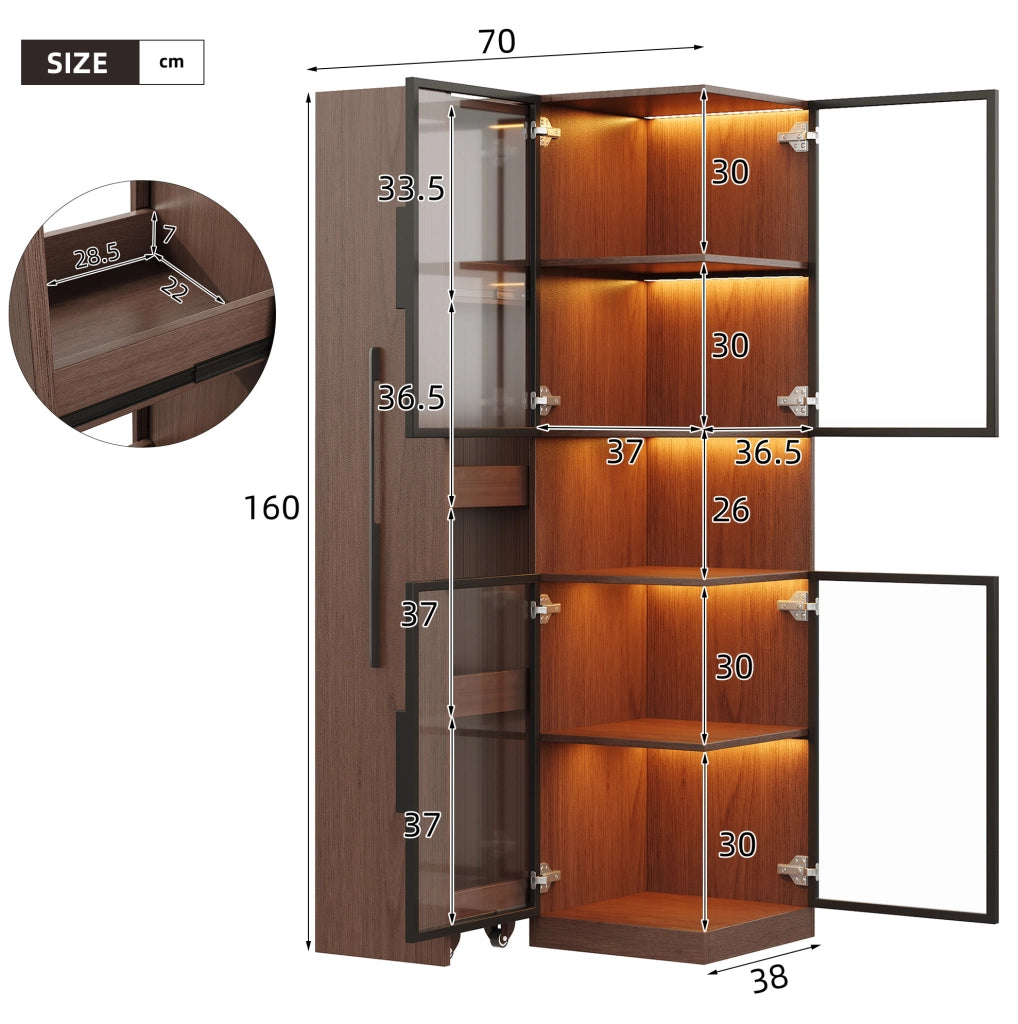 Vetrina alta in MDF effetto noce con LED e ripiani estraibili