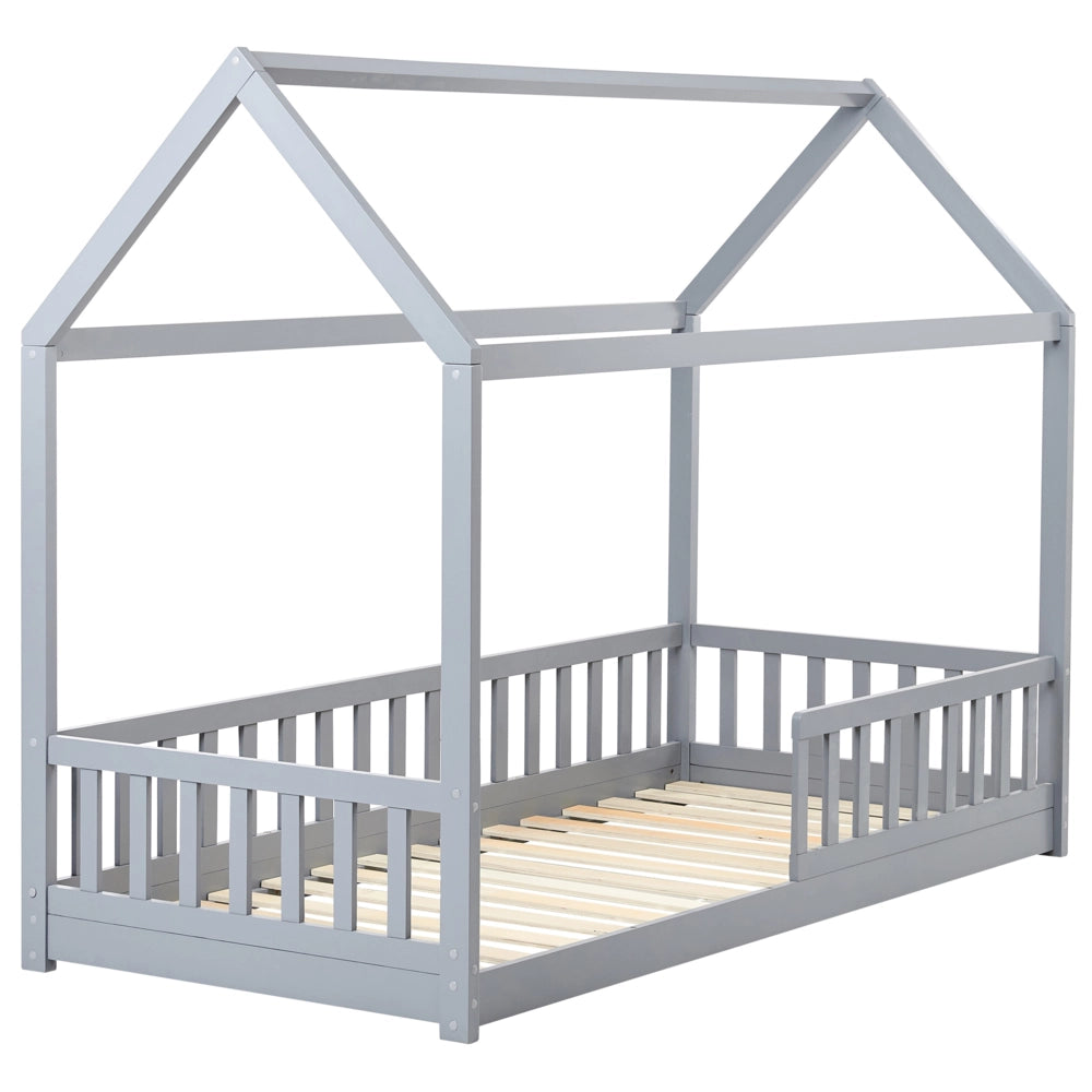 Letto per bambini a forma di casa UE Telaio singolo 90 x 200 cm con doghe in legno di pino grigio