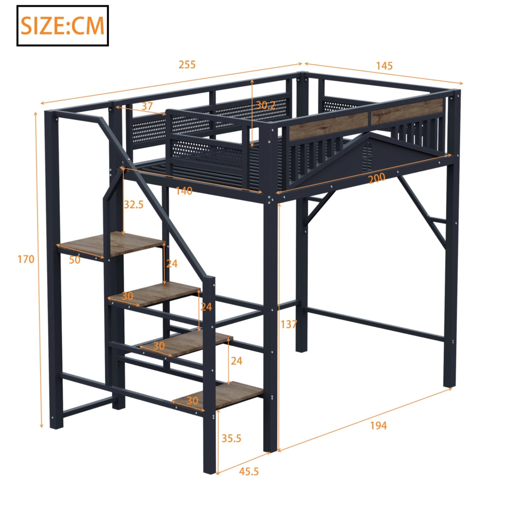 Letto a soppalco 140x200 cm con scala di sicurezza e spazio contenitore in metallo e legno nero
