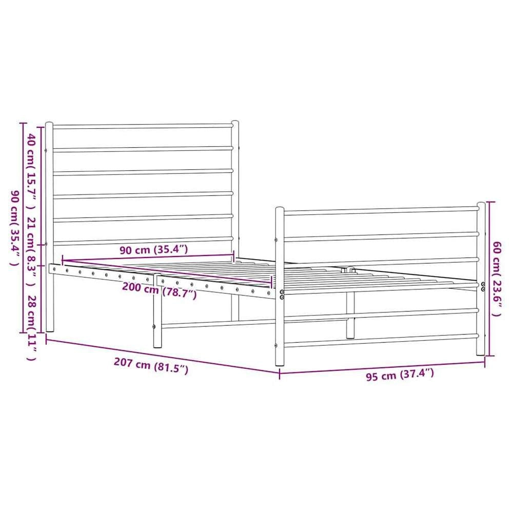 Bed Frame With Headboard And Footboard, Metal, Black, 90x200 Cm
