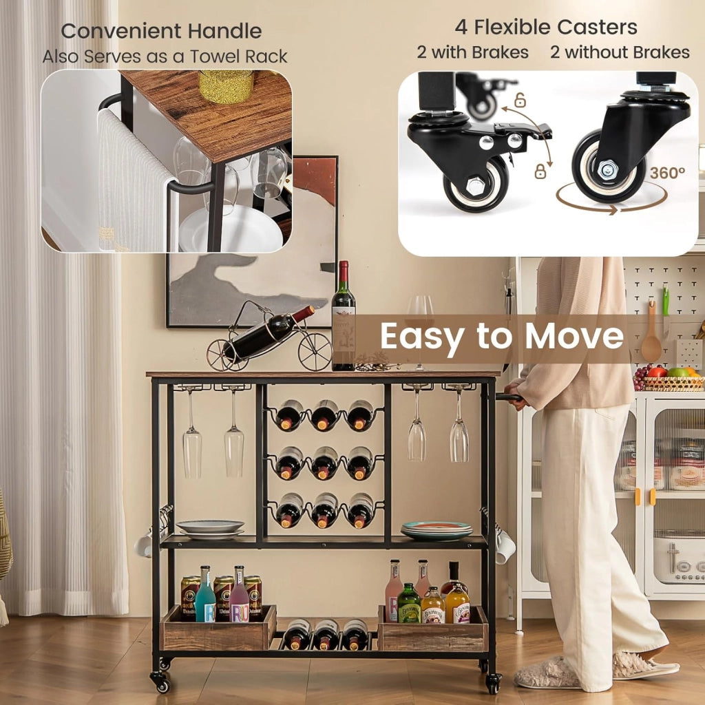 Carrello da Cucina con Ruote, Carrello di Servizio con Portabottiglie, Portabicchieri Ganci, Carrello Portaoggetti a 3 Ripiani per Bar, Casa, Cucina, 108 x 40 x 91 cm (Marrone)