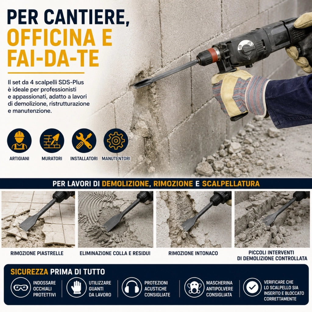 Set 4 Scalpelli SDS-Plus per Cemento Muratura e Piastrelle VHT02652