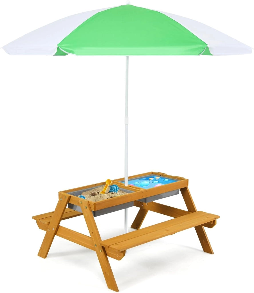 3-in-1 Set Tavolo Picnic per Bambini, con Ombrellone Regolabile e 2 Vaschette da Gioco, Panche per Bambini in Legno di Abete, Giochi Esterno da Giardino e Parco, 187 cm (Verde + Giallo)
