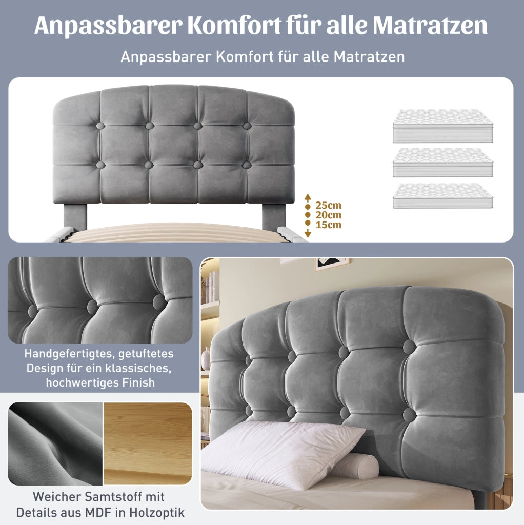 Letto singolo 90x200 cm in velluto grigio con cassetti