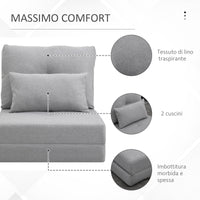 Poltrona Letto 3 in 1 Convertibile in Chaise Longue e Divano da Terra con 2 Cuscini in Tessuto Effetto Lino Grigio