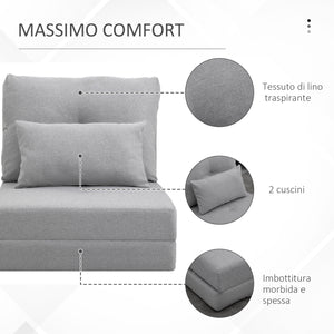 Poltrona Letto 3 in 1 Convertibile in Chaise Longue e Divano da Terra con 2 Cuscini in Tessuto Effetto Lino Grigio