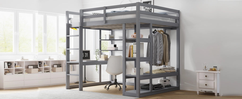 LETTO A CASTELLO con scrivania e scaffali 140x200 cm legno massello grigio