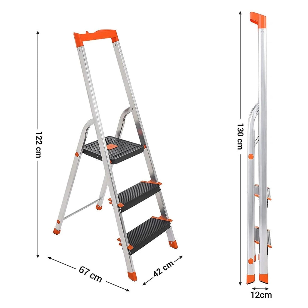 Scala pieghevole in alluminio a 3 gradini con gradini larghi 12 cm piedini antiscivolo scanalati corrimano portautensili capacità di carico 150 kg argento 12_0001918