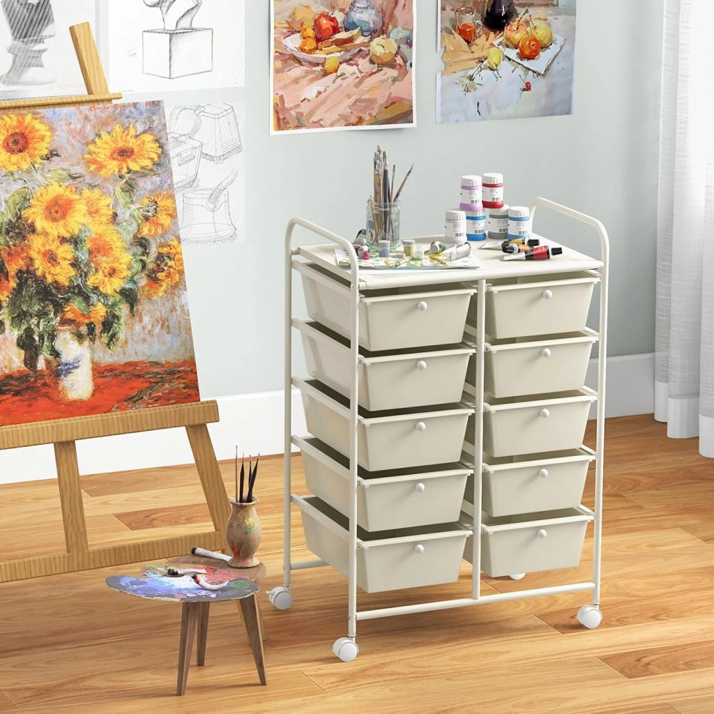 Carrello con 10 cassetti, impilabile, carrello per cassetti, carrello da cucina con ruote bloccabili, carrello per cucina, bagno, ufficio, 65,5 x 37 x 87 cm, bianco