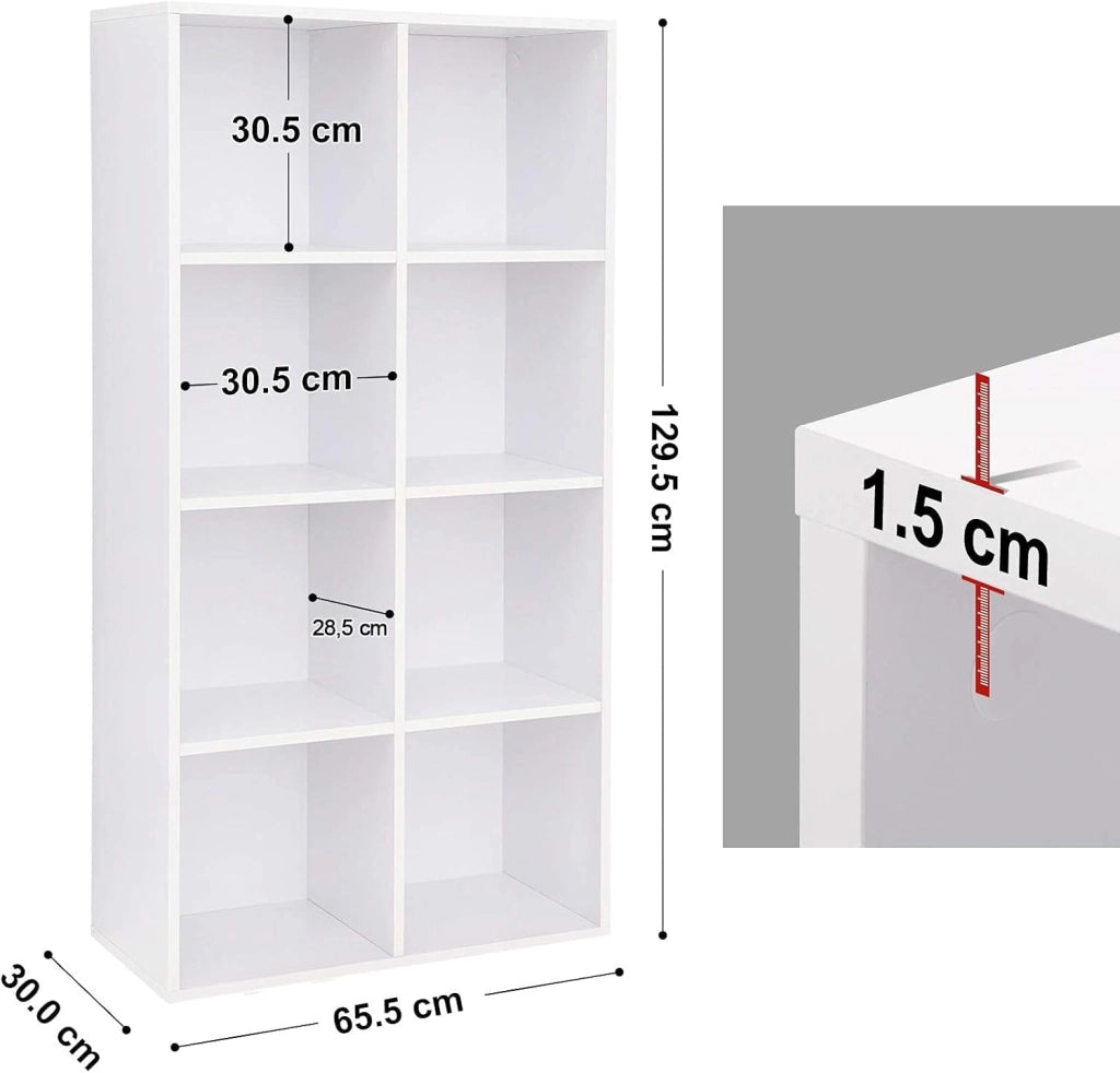 VASAGLE Libreria a 8 Cubi, Scaffale Espositore per Decorazioni, Souvenir, Piante, per Studio, Ufficio, Soggiorno, 30 x 65,5 x 129,5 cm, Bianco LBC24WT