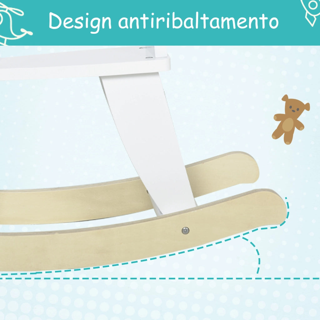 EasyComfort Cavallo a Dondolo Classico in Legno per Bambini 1-3 Anni con Bordo, Maniglie e Poggiapiedi, 68x26.5x48cm, Bianco