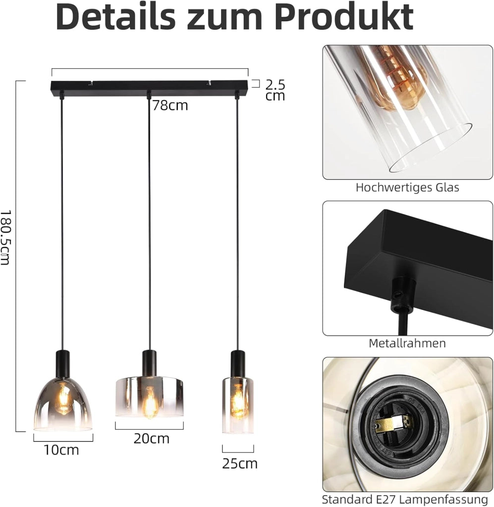 Lampada a sospensione ZMH per sala da pranzo 3 fiamme E27 grigio fumo 180CM Lampada a sospensione per scale