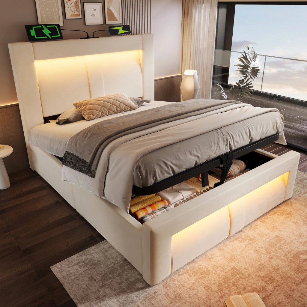 OKWISH Letto Contenitore 90×200 cm, Letto Singolo con LED Regolabile, USB, Type C e Testiera Curva, Materasso Incluso, Velluto Beige