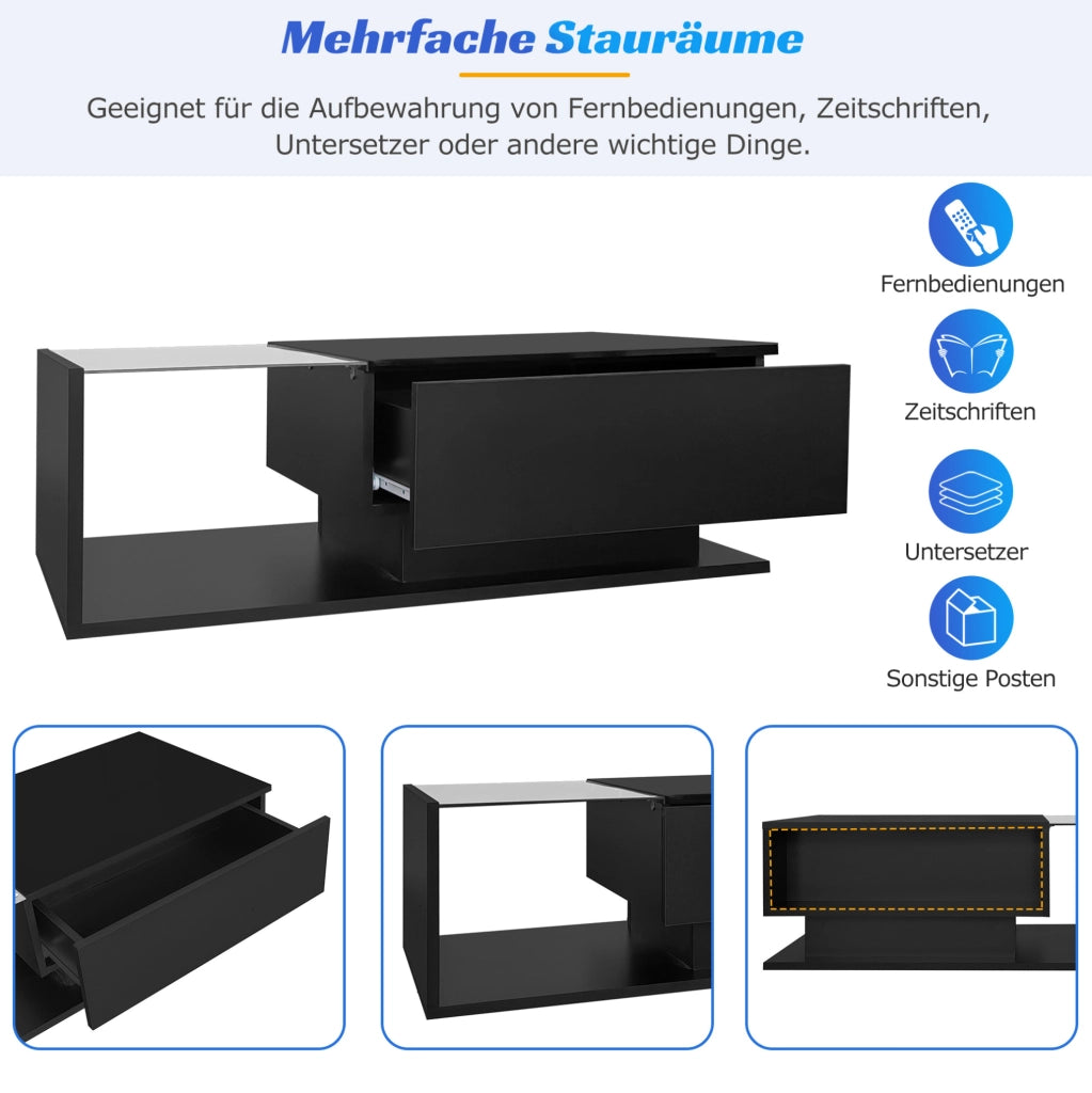 Tavolino da salotto nero lucido 100x50x32 cm con piano in vetro; cassetto e LED