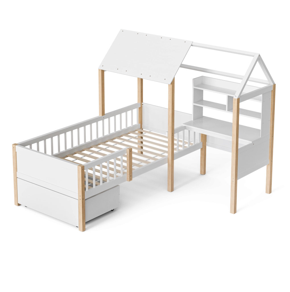 Letto a casetta per bambini 90x200 cm con scrivania e scaffale