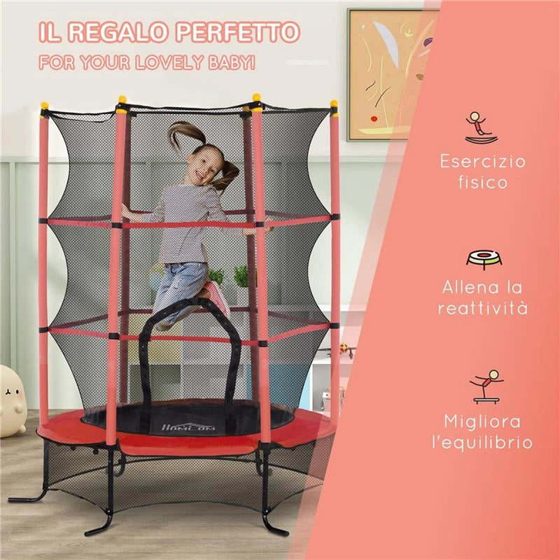 TRAMPOLINO ELASTICO PER BAMBINI Ï1.6X1.9 M CON RETE DI SICUREZZA E PALI IMBOTTITI, ETÓ 3-10 ANNI, ROSSO