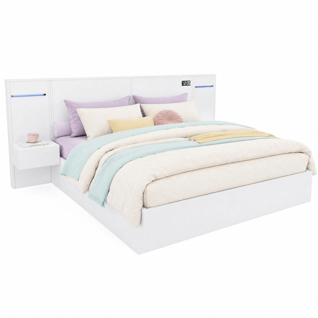 Letto matrimoniale 180x200 cm in MDF con USB-A/C; Bluetooth; luce colorata e 2 comodini; bianco