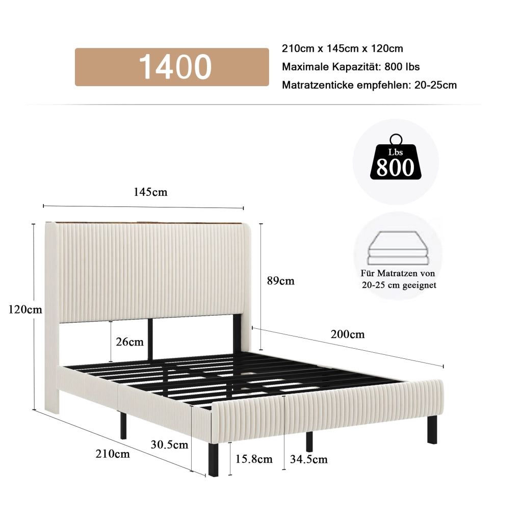 Letto imbottito 140x200 - Zephmum - Testiera in tessuto, design ali, slats metallici