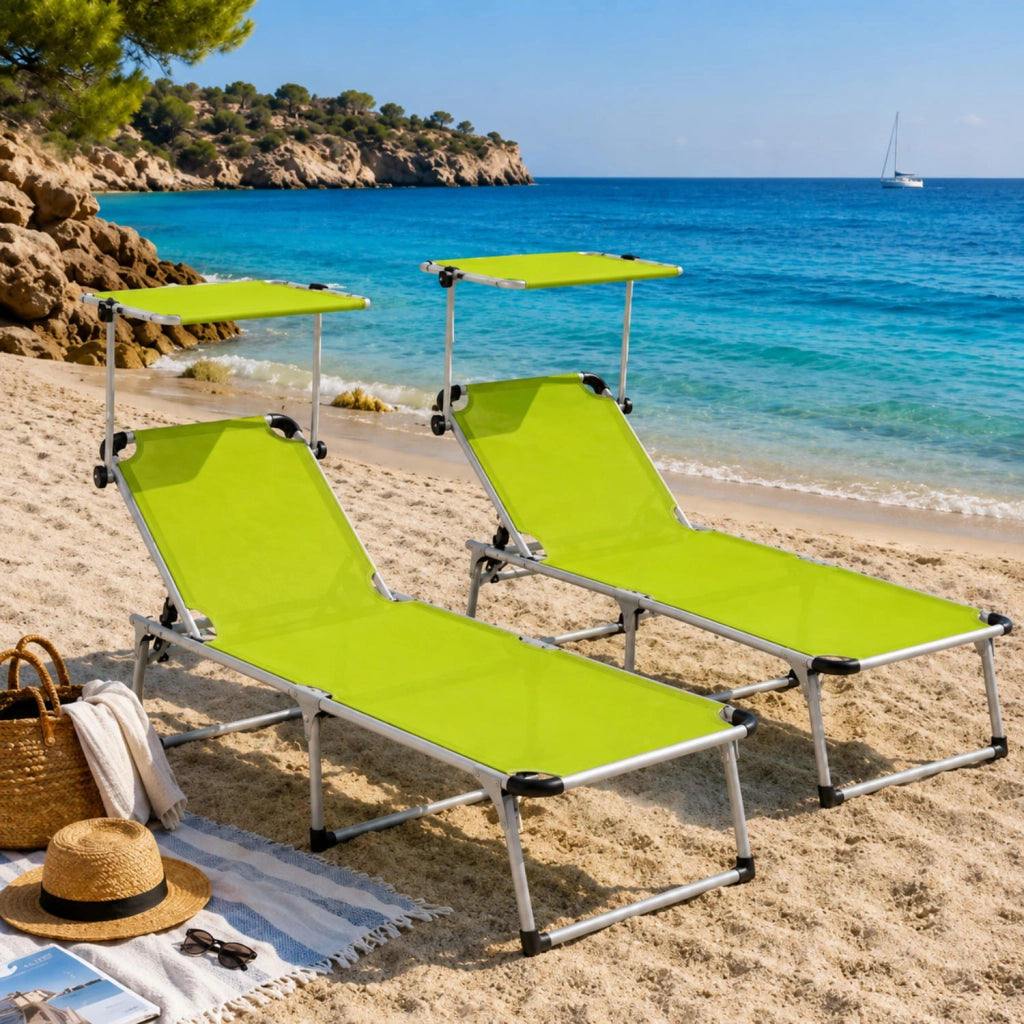 Coppia Di Lettini Da Spiaggia Pieghevoli Parasole Con Schienale Reclinabile Regolabile 6 Posizioni Struttura In Alluminio Sedia Prendisole Mare Giardino Piscina 187 x 59 x 29 Cm Verde Fluo