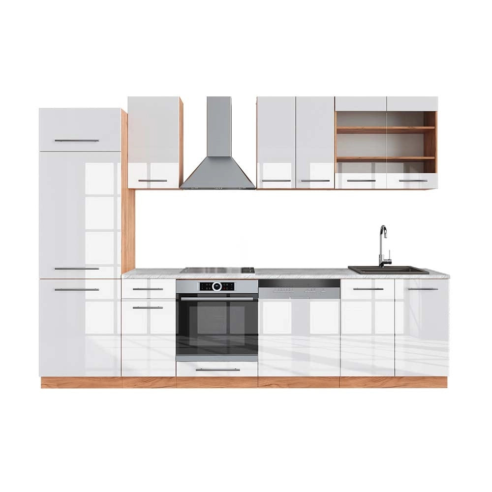 Cucina componibile Fame-Line Bianco lucido/Rovere dorato 300 cm, PL Marmo Vicco