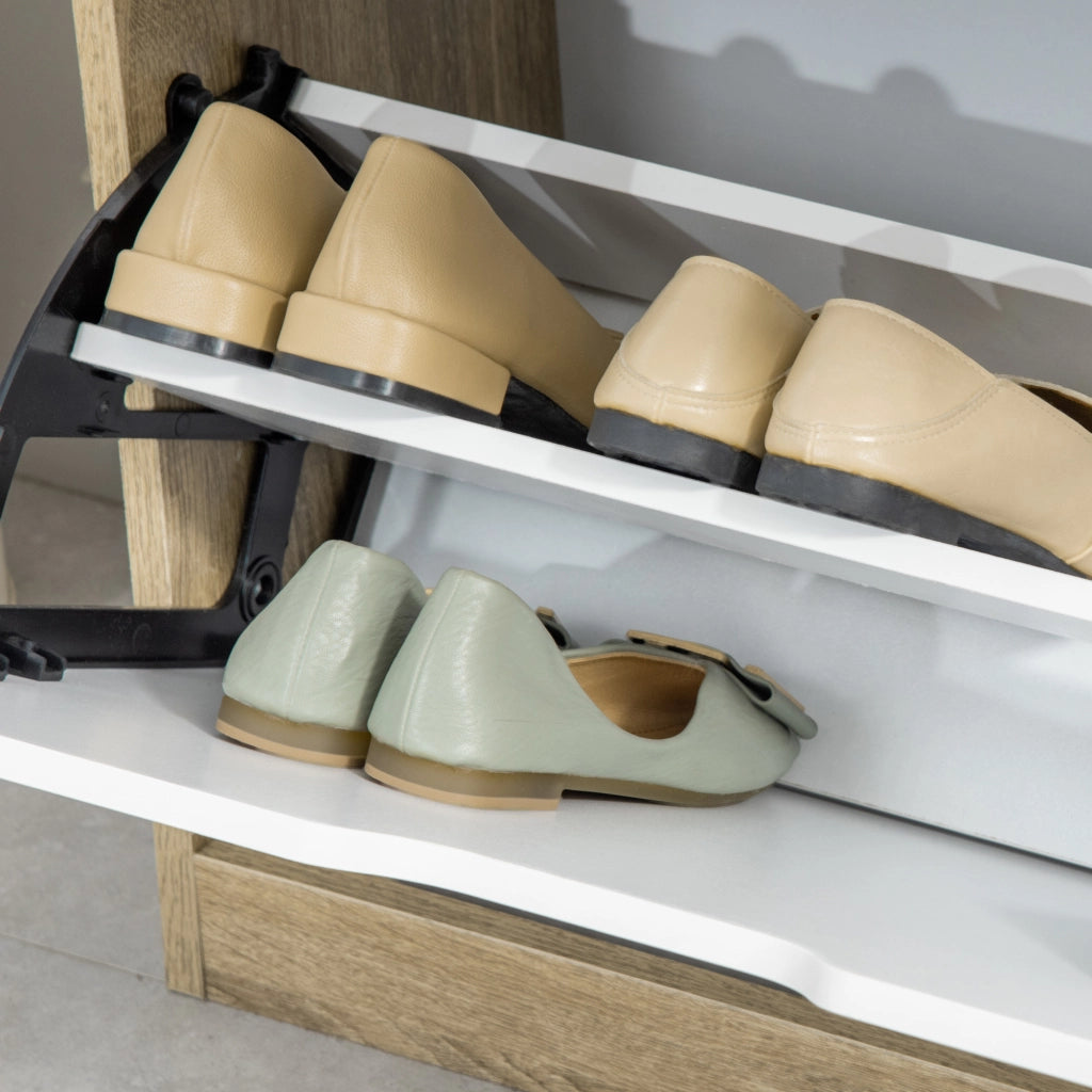 Scarpiera Salvaspazio Slim con 2 Cassetti ¨C zephmum ¨C Legno e Bianco 62.5x26x81 cm