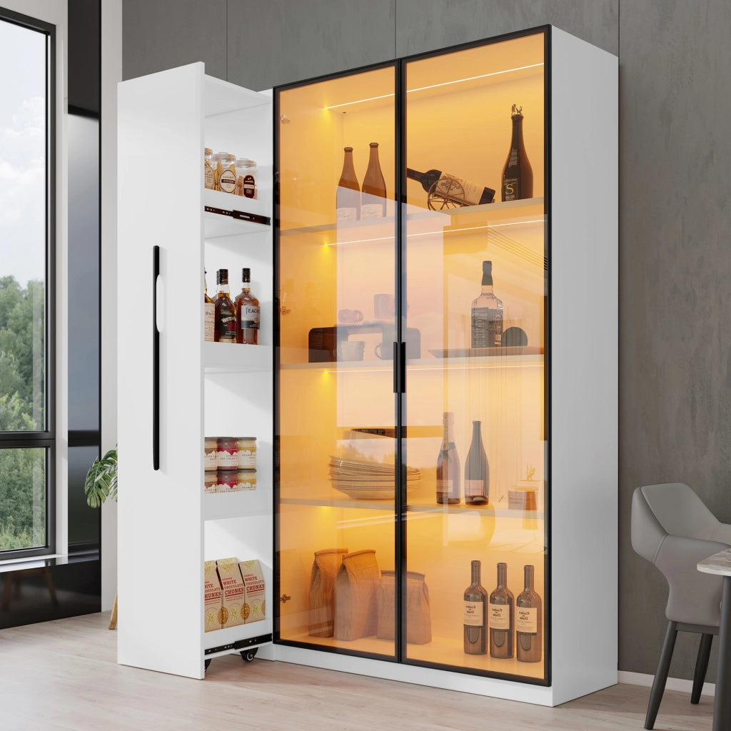 Vetrina LED 110，5x35x160 cm in MDF bianco con vano laterale