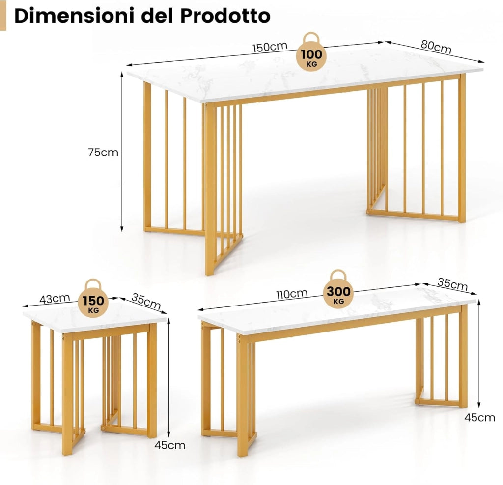 Set Tavolo da Pranzo a 4 Posti, Tavolo da Pranzo Rettangolare con Panca e 2 Sgabelli, con Gambe in Metallo Alate, per Cucina, Soggiorno, Sala da Pranzo, 150 x 80 x 75 cm