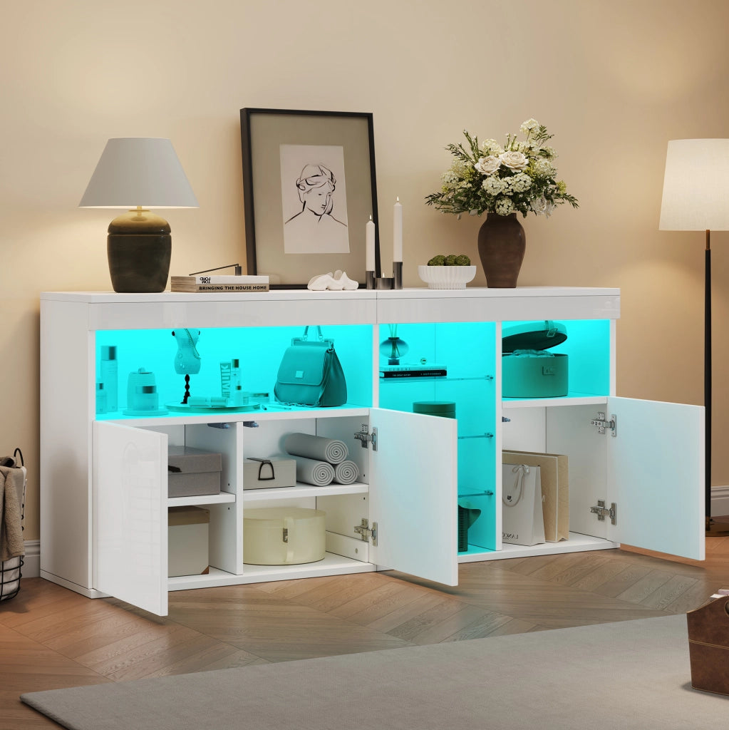 Credenza 155.5x35x72 cm con LED controllabile tramite app in truciolare e vetro bianco