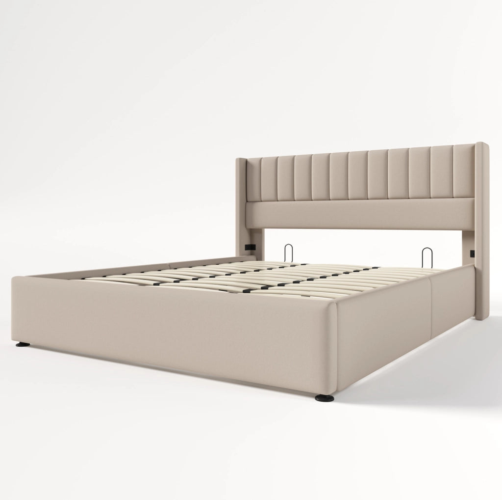 Letto matrimoniale contenitore 180x200 cm con apertura idraulica; lino; beige