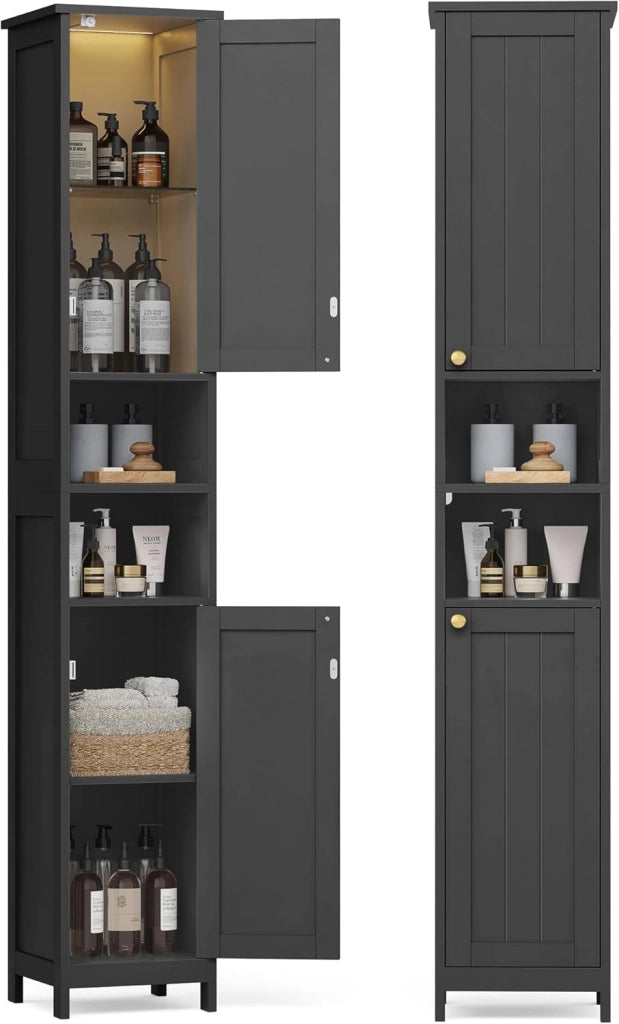 VASAGLE Mobile da Bagno con Luce, Armadietto Mobiletto da Bagno a Colonna con Ripiani Regolabili, Scomparti Aperti, per Piccoli Spazi, Moderno, Bianco Nuvola BBC566W03