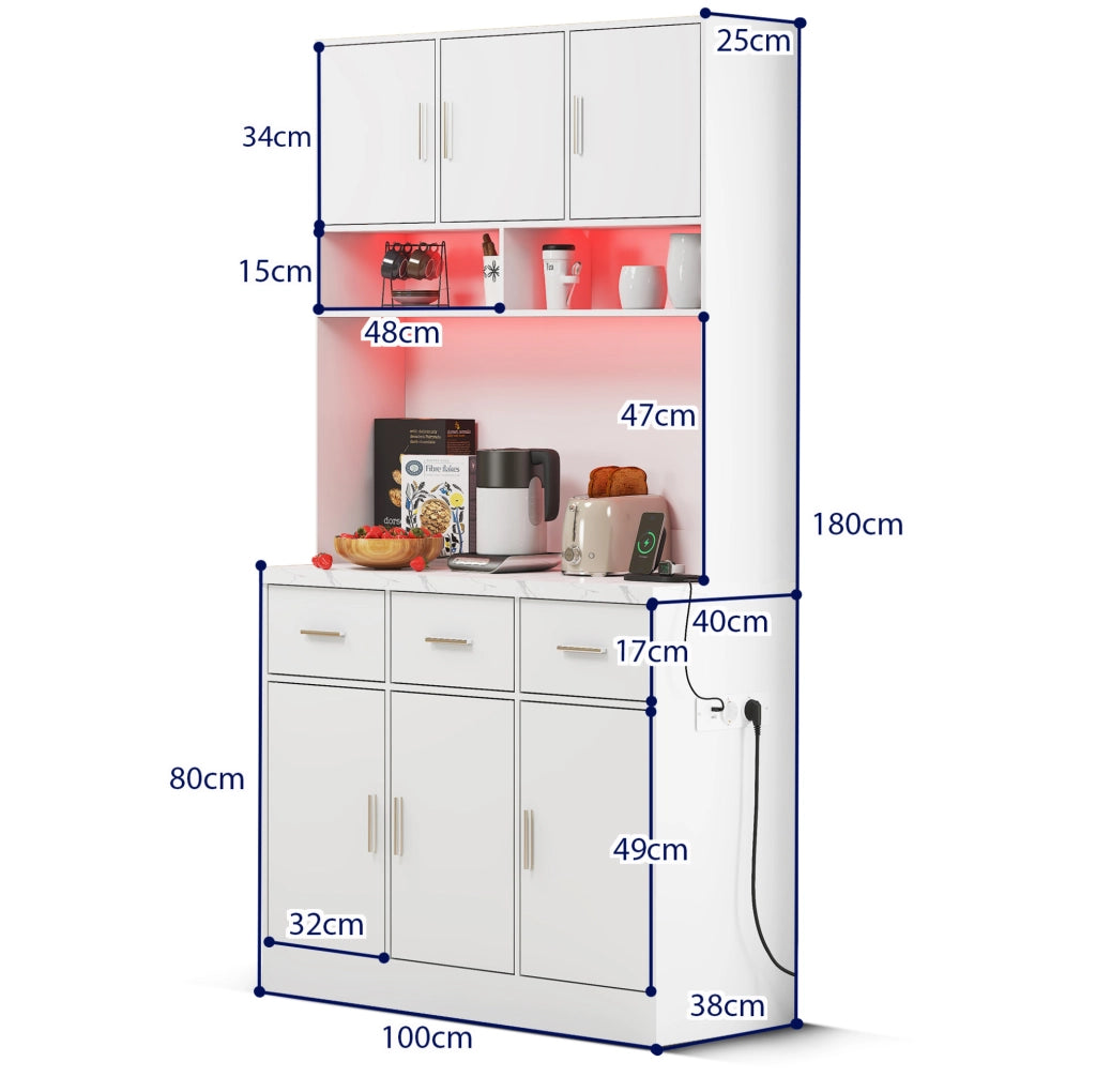 Credenza cucina 100x40x180 cm con LED, prese USB e cassetti