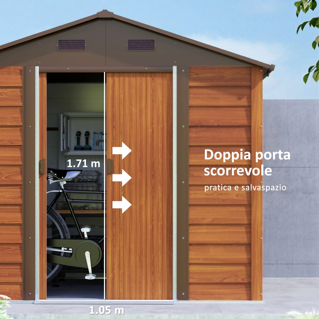 Casetta da Giardino Porta Attrezzi con Doppia Porta Scorrevole 236x196x208 cm con Pannelli in Acciaio Effetto Legno