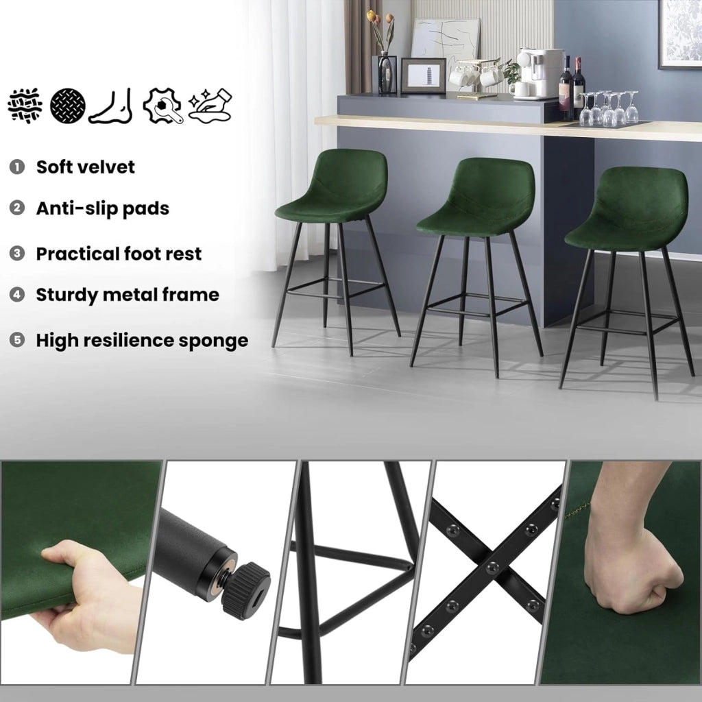 Set di 4 Sgabelli Alto, Sgabello da Cucina Moderno, Sedia da Bar con Poggiapiedi, con Schienale, per Bistrot, Pub, Caffetteria, in Velluto e Metallo, Verde Scuro