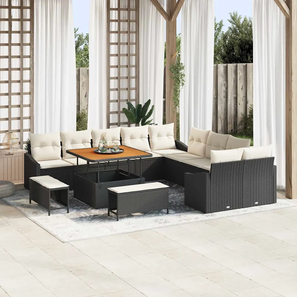 Set Divano da Giardino con cuscino 13 pcs Nero Poly Rattan