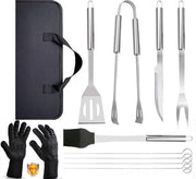 Kit di grigliatura in acciaio inossidabile 9 pezzi + guanti da barbecue, resistente al calore fino a 800°C, set di accessori per griglia con borsa portatile per uomo donna per campeggio, grigliatura, cucina, barbecue, camino e carbone.