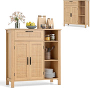 Credenza Cucina con 2 Ante in Rattan, Mobile Buffet con Cassetto, Scomparti Aperti, Mensola Regolabile, Mobile Cucina Dispensa in Legno, per Soggiorno, Sala da Pranzo, 75x30x80cm, Naturale