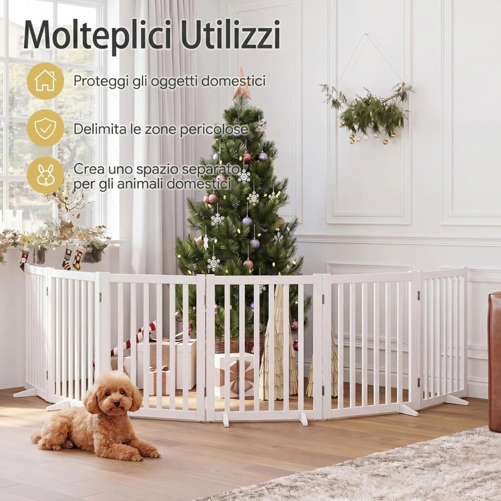 Cancelletto per Cani a 6 Pannelli, Cancello Pieghevole da Interno in Legno Massello, Semimontato, Barriera di Sicurezza Autoportante per Camino e Porta e Scala, 306 x 61 cm