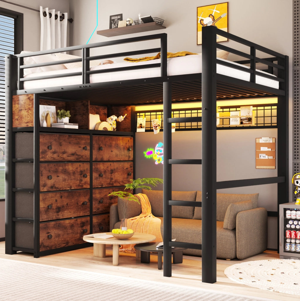 Letto a soppalco 140x200 cm con 8 cassetti, scaffali, pannello forato e LED