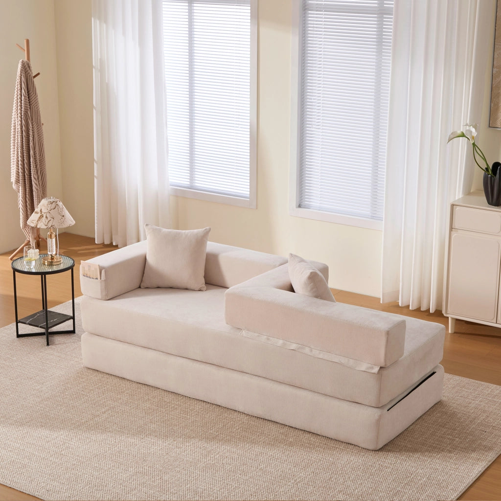 Divano modulare in tessuto Chenille beige con tasche laterali, base antiscivolo e struttura DIY