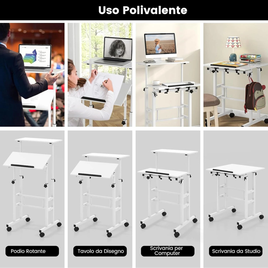 Scrivania per Computer Regolabile in Altezza, Scrivania Salvaspazio con Ruote e Ganci, Tavolo Porta PC per Studio e Ufficio, 60 x 60 x 72-124 cm (Bianco)