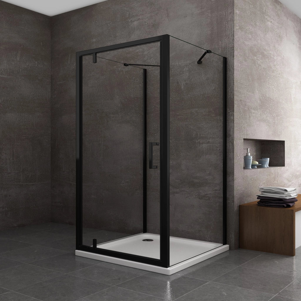 Box Doccia Con Due Pareti Fisse Laterali e Porta Battente Frontale Roto-traslante 8 MM H 200 Nero Opaco Misura 70 (68-70) FISSE + PORTA 75 (73-76)